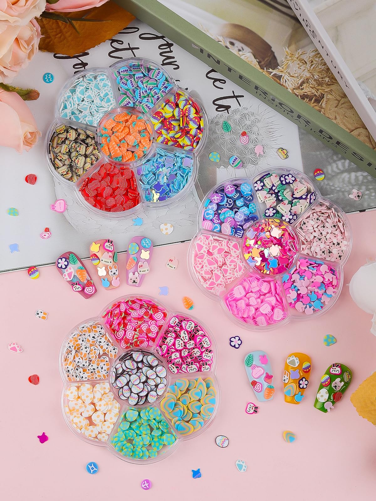 Easter Nail Art Sequins, Kalolary 3D Rabbits, Carrots, Eggs, Chicks, Flowers Shape Polymer Clay Slices for Acrylic Nails Design Easter Party Decor（3 Boxes）