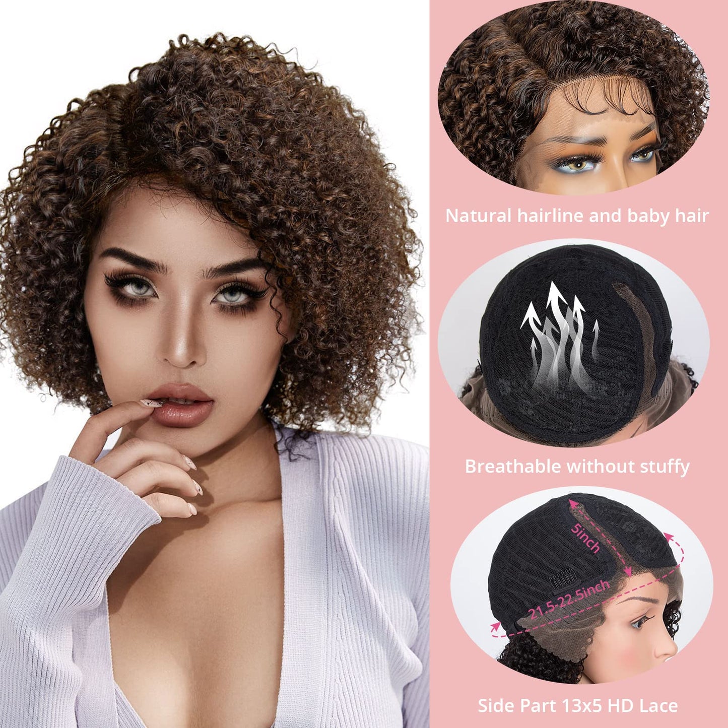 Short Curly Human Hair Lace Front Wigs for Black Women 13x5 HD Lace Side Part Wigs Pre Plucked Brazilian Virgin Human Hair Wigs with Baby Hair 150% Density Ombre Highlight Brown (12 inch)
