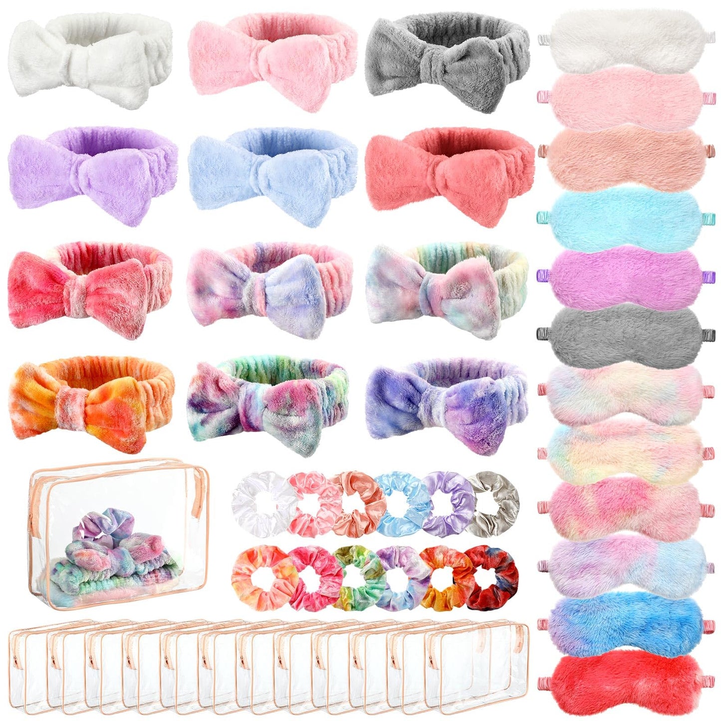 Kajaia 48 Pcs Spa Party Supplies for Girls Spa Party Favor Sleepover Slumber Supplies for Women Headband Eye Mask Hair Scrunchies Toiletry Bag(Motley,Fresh)