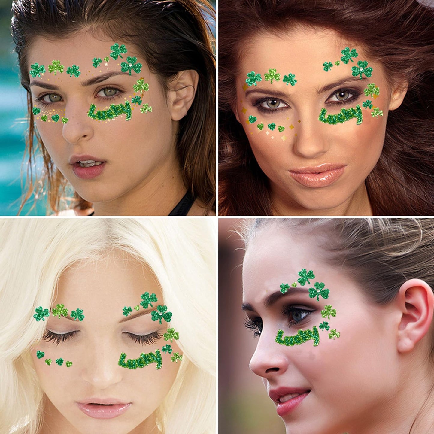 Ecuupas St. Patrick's Day Face Gems Shamrock Festival Green Glitter Clover Rhinestones Design Eyes Body Temporary Stickers for Luck Makeup Stick on Women Face Proms Decorations
