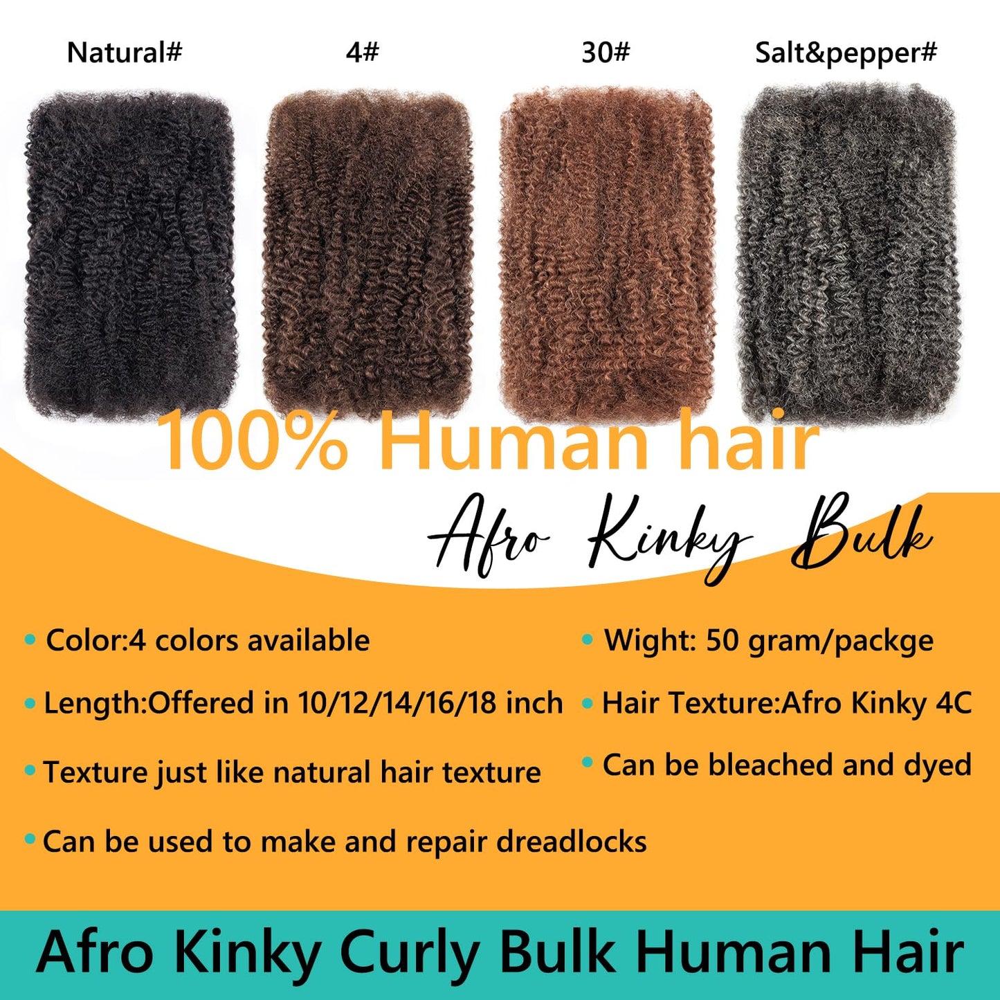 EV&ET Pre-sretched Afro Kinkys Bulk Human Hair Human Hair for Locs/Twists/Braids/Repair Locs Afro Kinky Curly Bulk Can Bleach And Dye (Natural black, 12inch 50g)