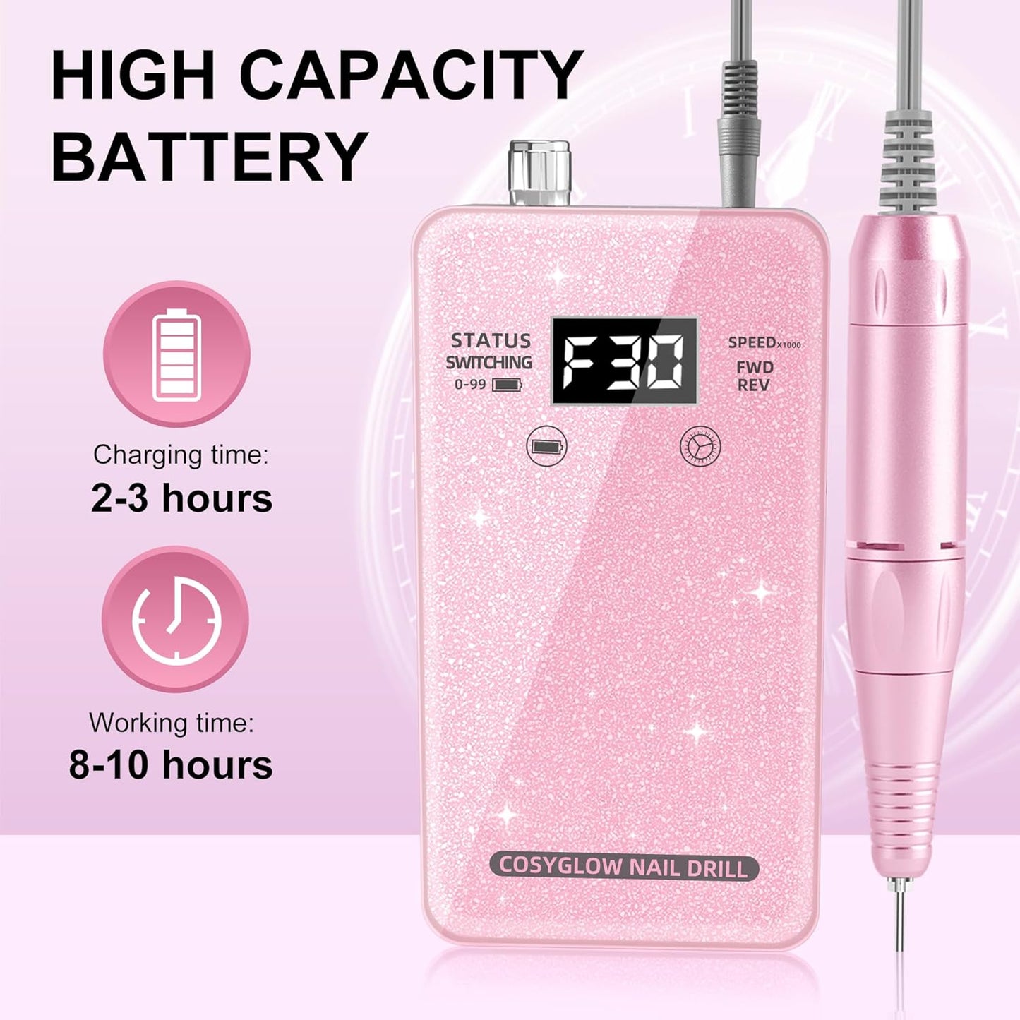 Professional Electric Nail Drill - COSYGLOW Glitter Cordless E-File Kit with 11 Bits | 30000 RPM Rechargeable for Acrylic Nails (Pink)