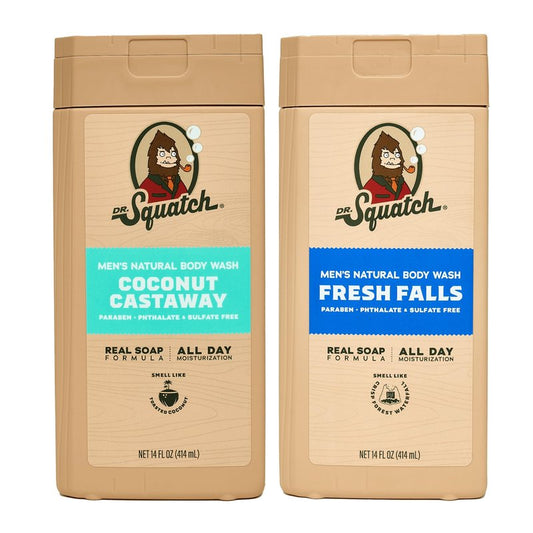 Dr. Squatch Natural Men's Body Wash Shower Gel - Cleansing, Nourishing, Long Lasting Scent, Moisturizing Body Wash for Men - Fresh Falls + Coconut Castaway (14 oz, 2-Pack)