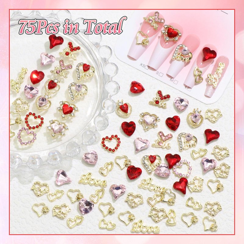BELICEY 75Pcs 3D Gold Nail Charms Red Pink Heart Nail Charms Alloy Flatback Love Letter Charms for Nails Heart Shaped Gems and Rhinestones for Women Valentine‘s Day Manicure DIY Nail Art Design Crafts