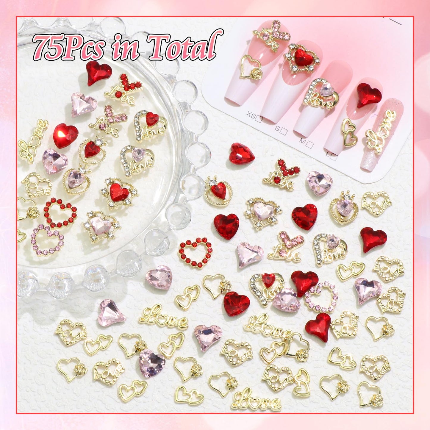 BELICEY 75Pcs 3D Gold Nail Charms Red Pink Heart Nail Charms Alloy Flatback Love Letter Charms for Nails Heart Shaped Gems and Rhinestones for Women Valentine‘s Day Manicure DIY Nail Art Design Crafts