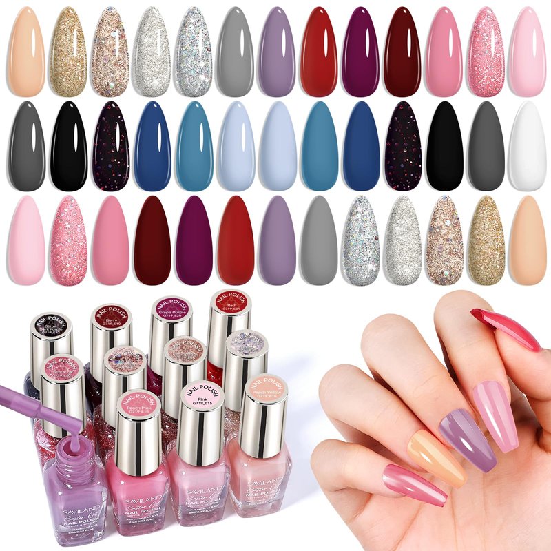 SAVILAND Nail Polish Set: 20 Colors Quick-Dry Fingernail Polish Gray Pink Blue Burgendy Gliiter Regular Nail Lacquer with Base Matte Glossy Top Coats for Home Salon Gift for Christmas