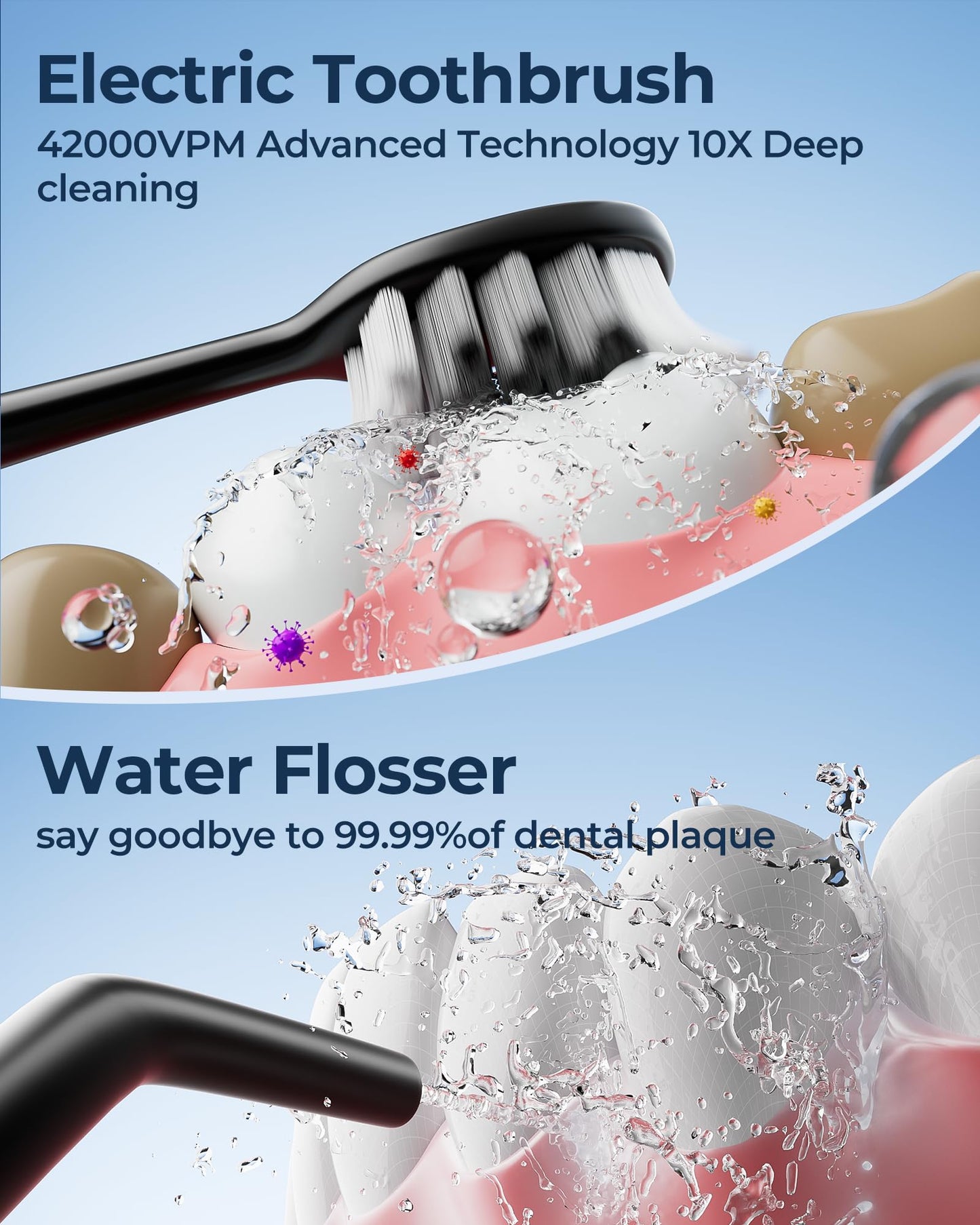 Electric Toothbrush with Water Flosser for Teeth, Sonic Electric Toothbrush and Electric Floss for Adults and Kids, Water Dental Picks, Cleaning and Flossing Dental Care, Waterproof