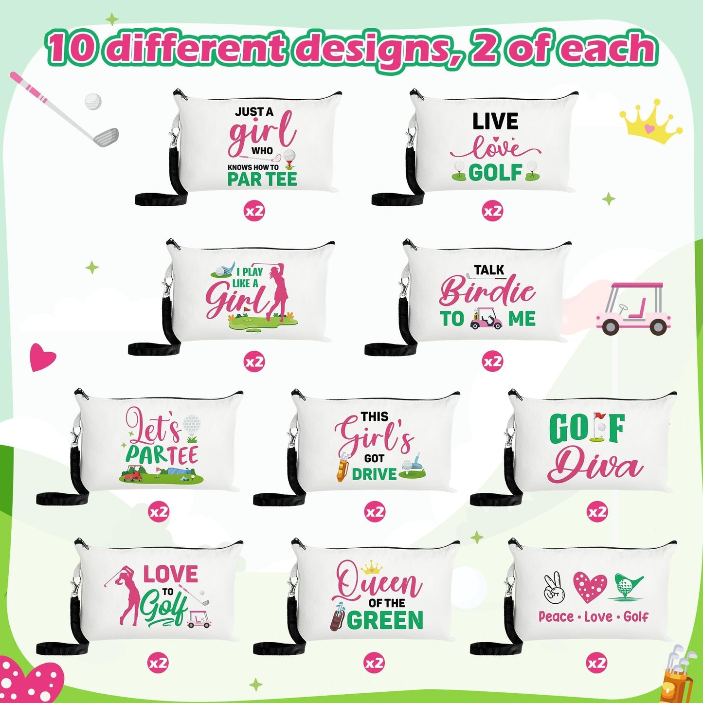 R HORSE 20Pcs Golf Makeup Bag for Girls, Golf Gifts Teen Canvas Cosmetic Bag With Zipper Funny Travel Bags Toiletry Pouch Accessories for Team Players Lover