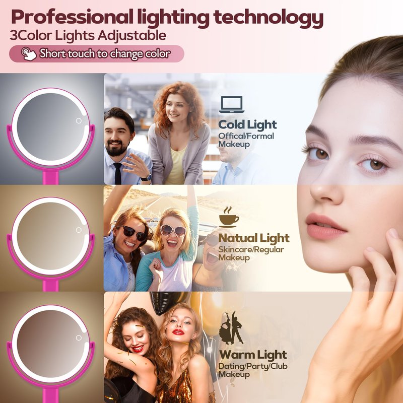 MOMOKUBA Makeup Mirror with Lights, 30X Magnifying & Height Adjustable, Lighted Magnifying Mirror with 3 Light Modes and Stepless Dimming, Vanity Mirrors for Bathroom, Birthday Gift for Women, Hotpink