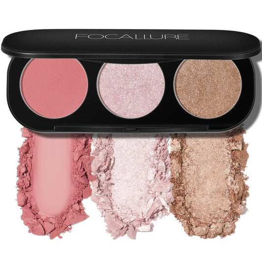 FOCALLURE Blush and Highlighter Palette,3 in 1 Makeup Powder, Cruelty-Free Matte, Shimmer Illuminator for a Glowing Look,#03