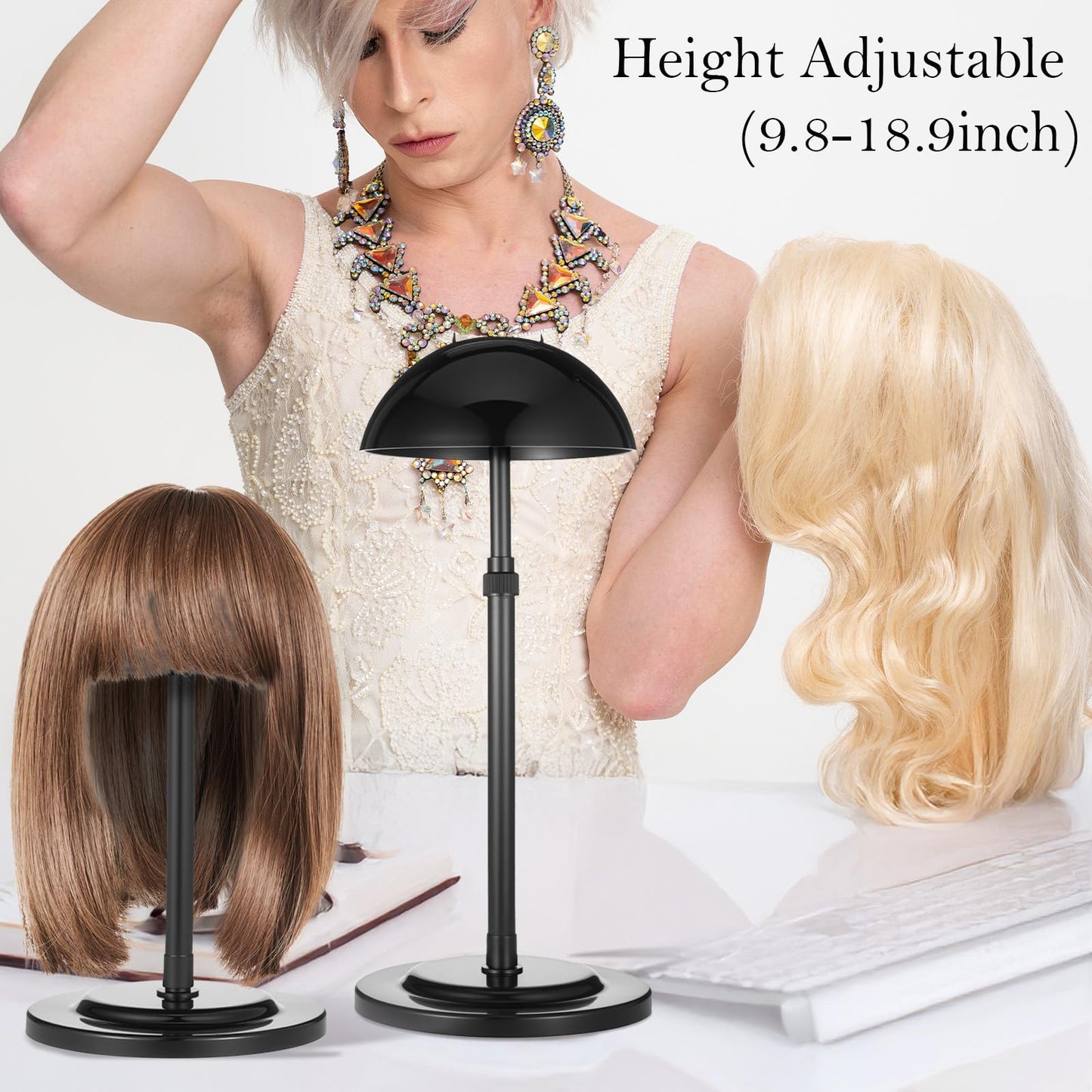 MAQUITA 6PC Wig Stand Base Adjustable Height (9.8"-18.9") Wig Head Stands Portable Non-Slip Sturdy Wig Holder Stands Travel Wig Stand for All Wigs - Black