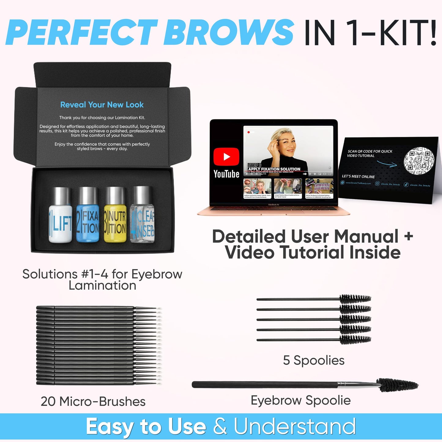 Elevate the Beauty At Home Brow Lamination Kit | Eyebrow Lamination Kit for DIY Use | Long-Lasting Brow Lift Results for Fuller, Defined Brows | Easy 4-Step System with Tools & Video Guide Included