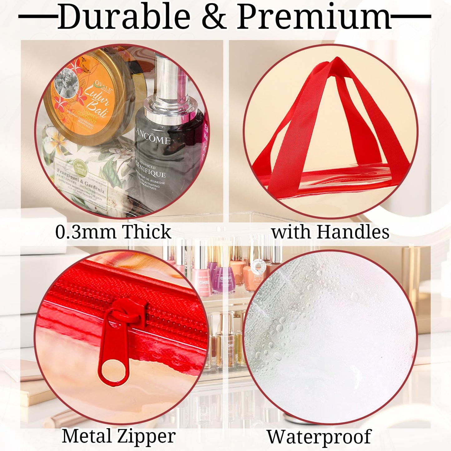 YOQIVEXU 4 Pack Large Clear Makeup Bag, Heavy Duty PVC Clear Cosmetic Toiletry Organizer Bags with Handle, Waterproof Plastic Toiletry Zipper Tote Bags for Travel, Gym, Cosmetic, Toiletry