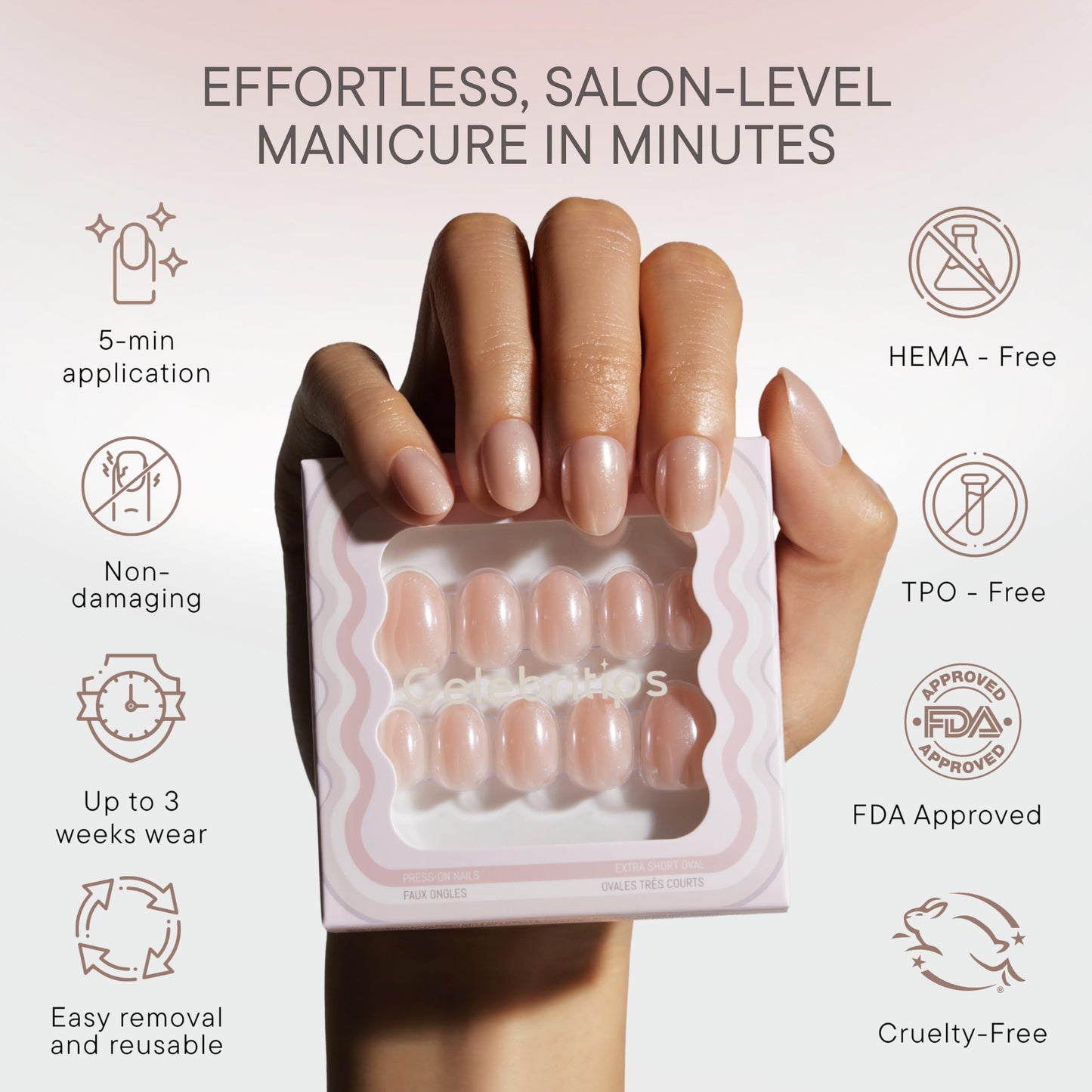 Celebritips Nail Art Press-Ons | Short Almond Nails, Reusable | 16 sizes - 32 Nails Kit with Super-hold Nail Glue and Sticky Tabs (Baby Blue Ribbon)