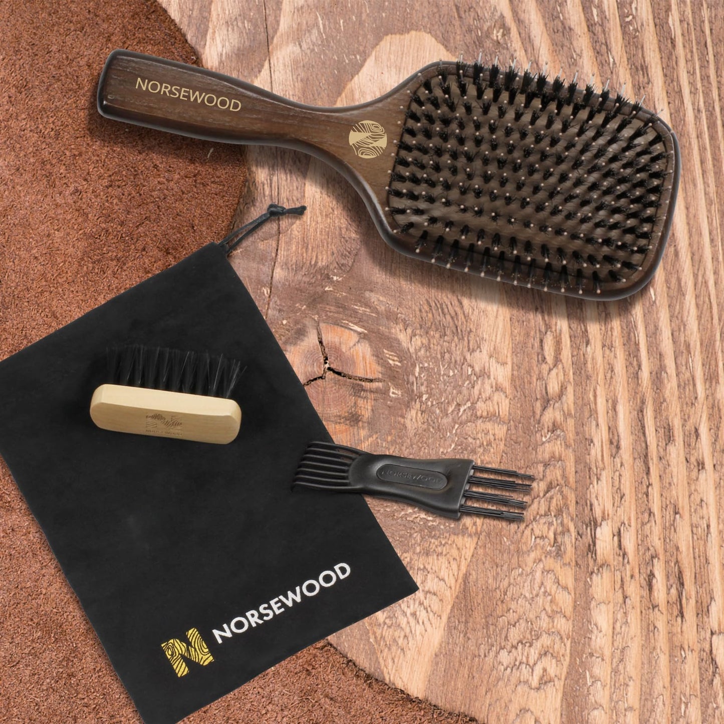 Norsewood Boar Bristle Hair Brush Set, Soft Bristle Detangler for Long, Short, Thin, Curly, Straight, or Wavy, Hairbrush for Enhancing Shine, Great for Men, Women, and Kids