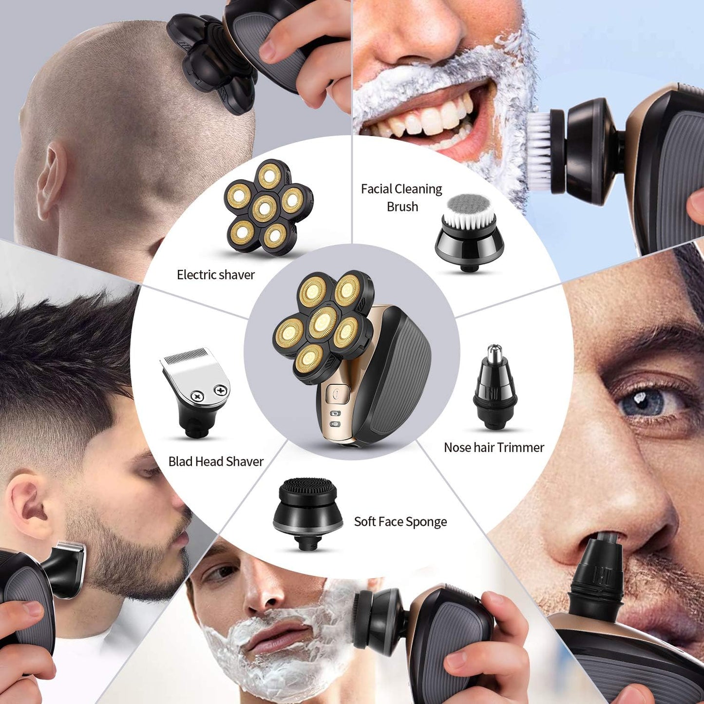 Multifunctional Head Shaver for Men - Waterproof Cordless Electric Razor Grooming Kit | Rechargeable Gold