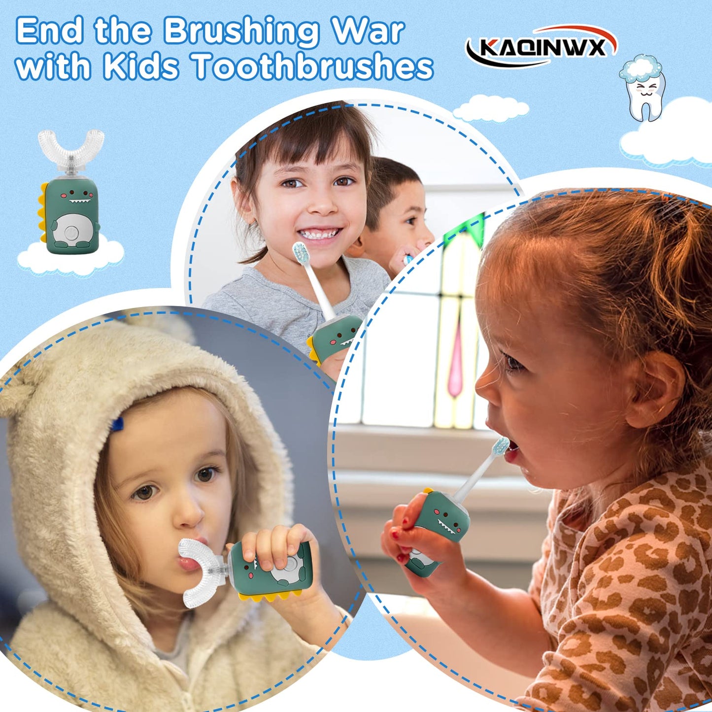 KAQINWX Kids U Shaped Electric Toothbrush for Age 2-12, Rechargeable Toddler Toothbrush with 60S Smart Timer, Dinosaur Design, IPX7 Waterproof & 360°Cleaning,Develop Kids' Brushing Habits
