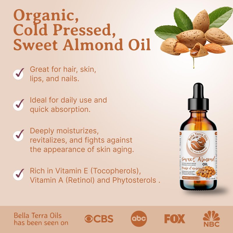 Bella Terra Oils - Natural Sweet Almond Oil 16oz - Purity Meets Luxury with Almond’s Vitamin B & Minerals, Cold-Pressed Elixir for Mesmerizing Skin