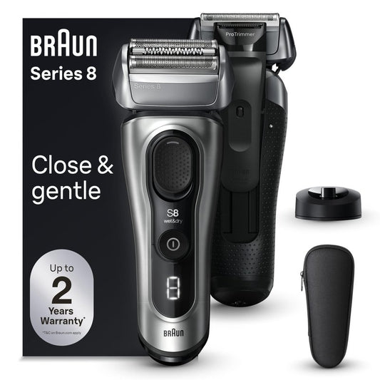 Braun Series 8 Electric Razor for Men, with 4+1 Shaving Elements & Precision Long Hair Trimmer, Close & Gentle Even on Dense Beards, Wet & Dry Electric Razor with 60min Runtime, 8517s Galvano Silver