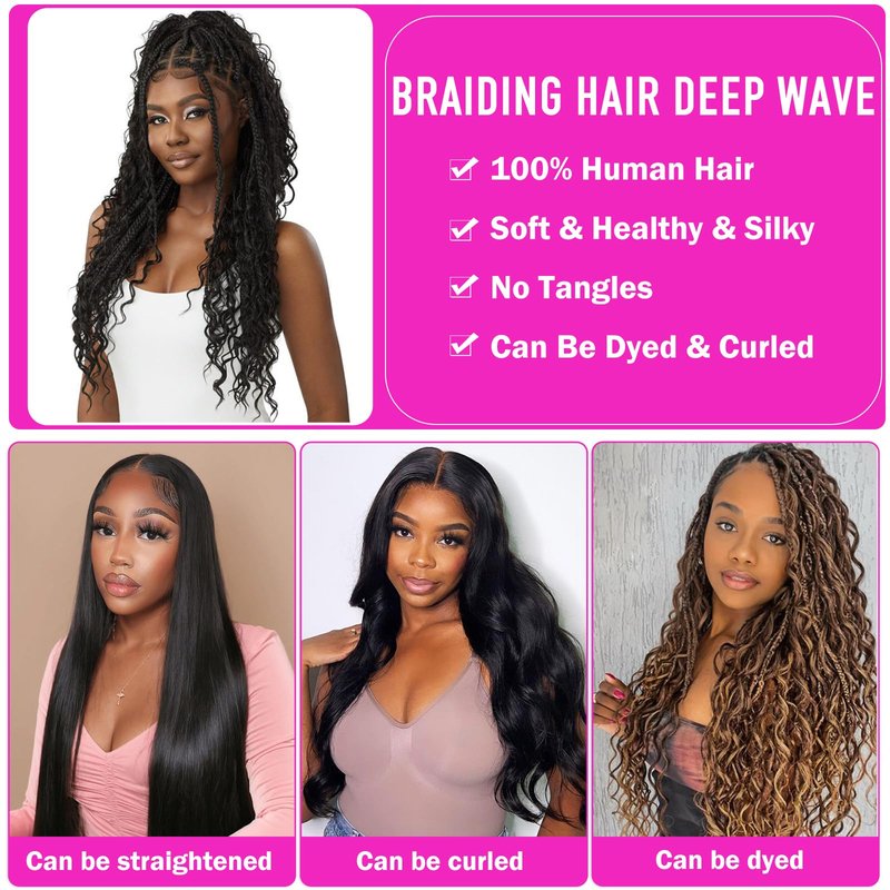 100 Percent Human Braiding Hair for Boho Braids 110g 20 Inch 12A Deep Water Wave Bulk Human Hair for Braiding Extensions Bohemian Curly Braids No Weft 3 Bundles Knotless Wet and Wavy Natural Color