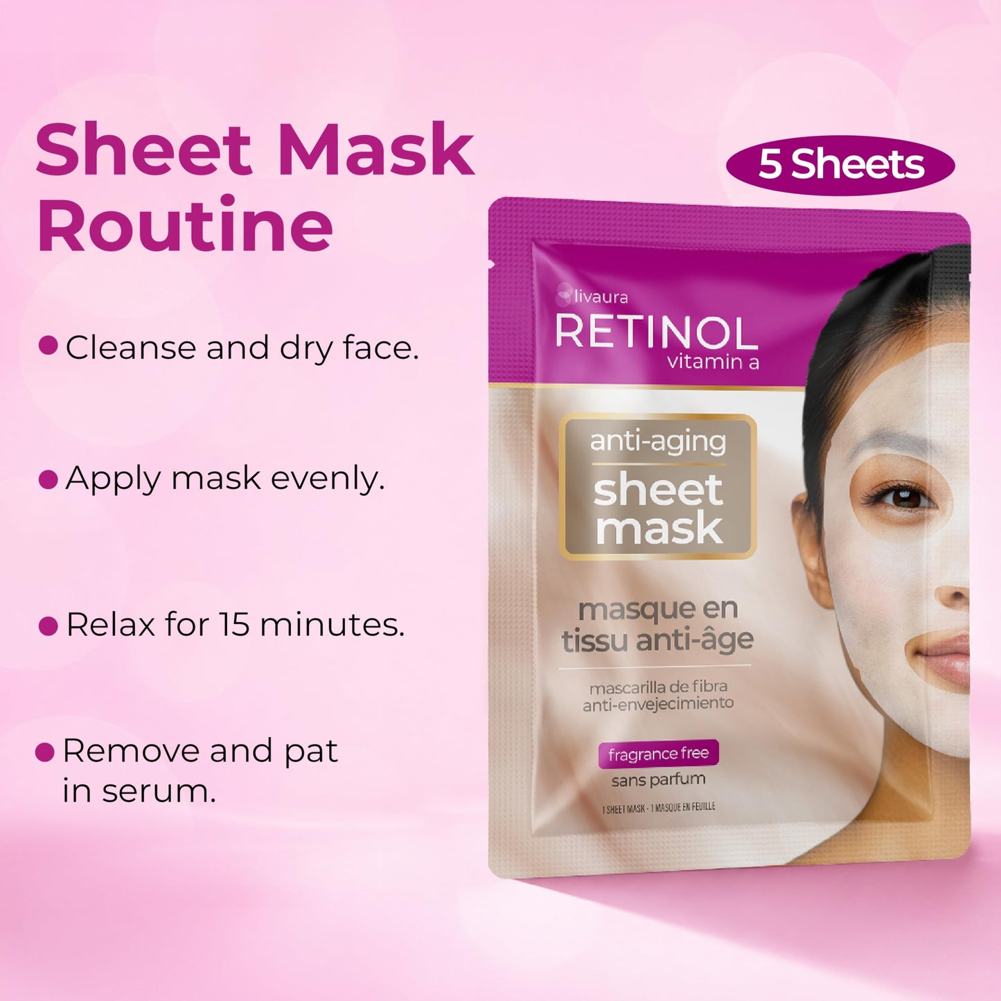LIVAURA Retinol Anti-Aging Sheet Mask – Hydrating Collagen Face Masks, Sheet Masks for Skin Care, Moisturizing Facial Mask Pack for Women, Sensitive & Dry Skin, Hydrating Face Mask