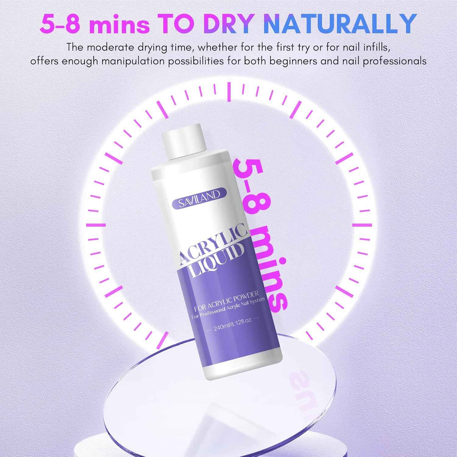 Saviland Acrylic Nail Liquid Monomer - 8.11 fl oz + 3 Brushes (Size 8/10/14) for Perfect Acrylic Nails
