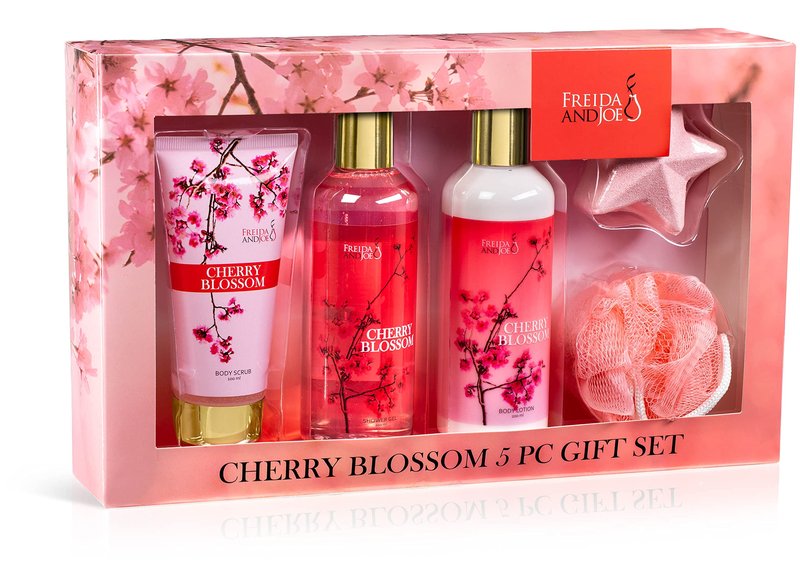 Fragrance Bath & Body Collection Gift Box, Includes Shower Gel, Body Lotion, Body Scrub, Bath Bomb & Sponge (Cherry Blossom Bath & Body Collection)