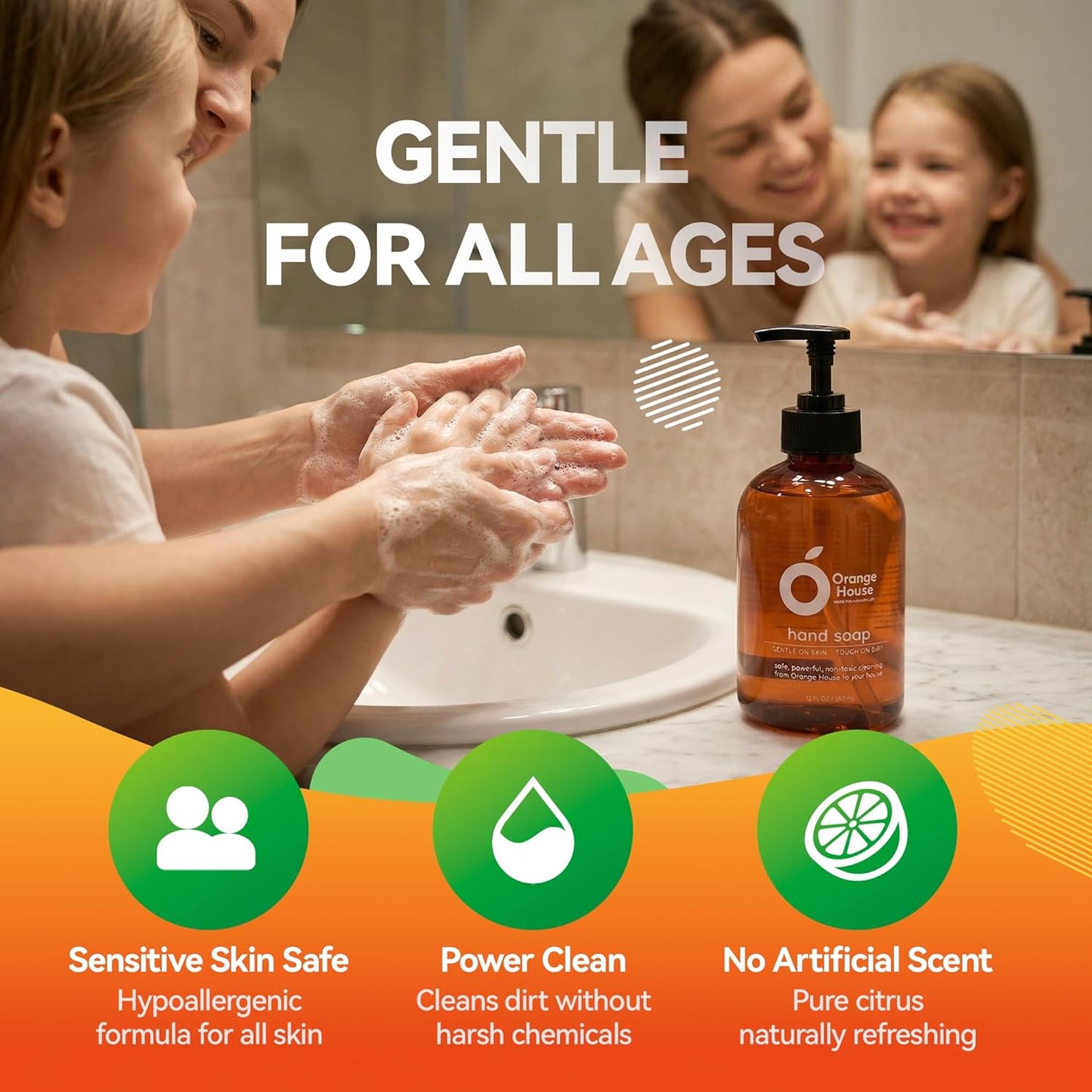 Natural Liquid Hand Soap - Food-Grade Orange Oil, Moisturizing & Hypoallergenic | 12 Fl Oz (3 Pack)