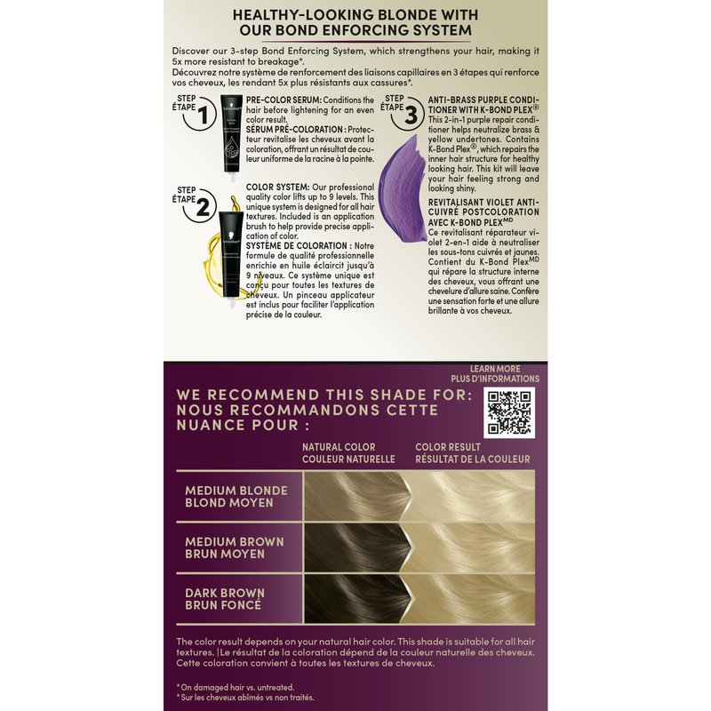 Schwarzkopf Keratin Blonde Hair Dye, 001 High Lift Platinum Blonde, Professional Quality Permanent Hair Color, Bond Enforcing System, Pre-Color Serum & Purple Conditioner Included