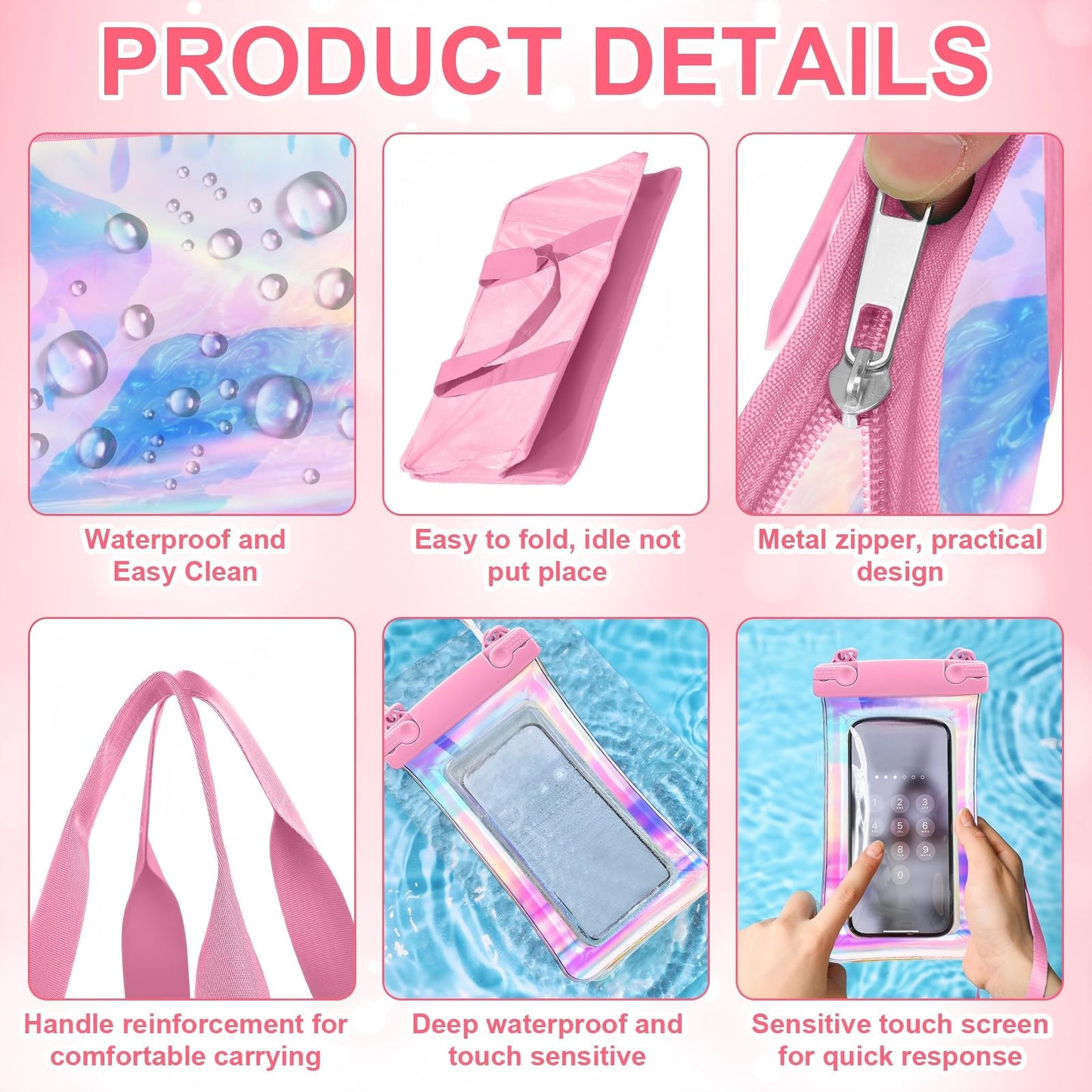 Yoojahow 3 Pcs Waterproof Beach Bags Women Clear Iridescent Tote Bag Cosmetic Pouch for Phone Travel Beach Pool Essentials