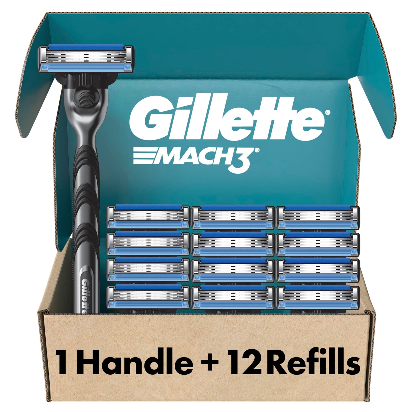 Gillette Mach3 Shaving Razor for Men, Razor Handle, 12 Blade Refills