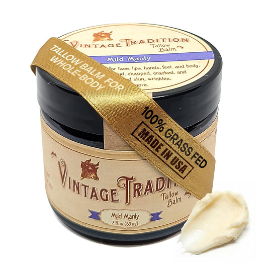 Vintage Tradition Mild Manly The Original Beef Tallow Balm for Skin, Mild, Fresh, Clean Scent, Smooth Moisturizing Tallow Face and Body Balm, for healthy looking skin, 100% Grass Fed, 2 fl oz