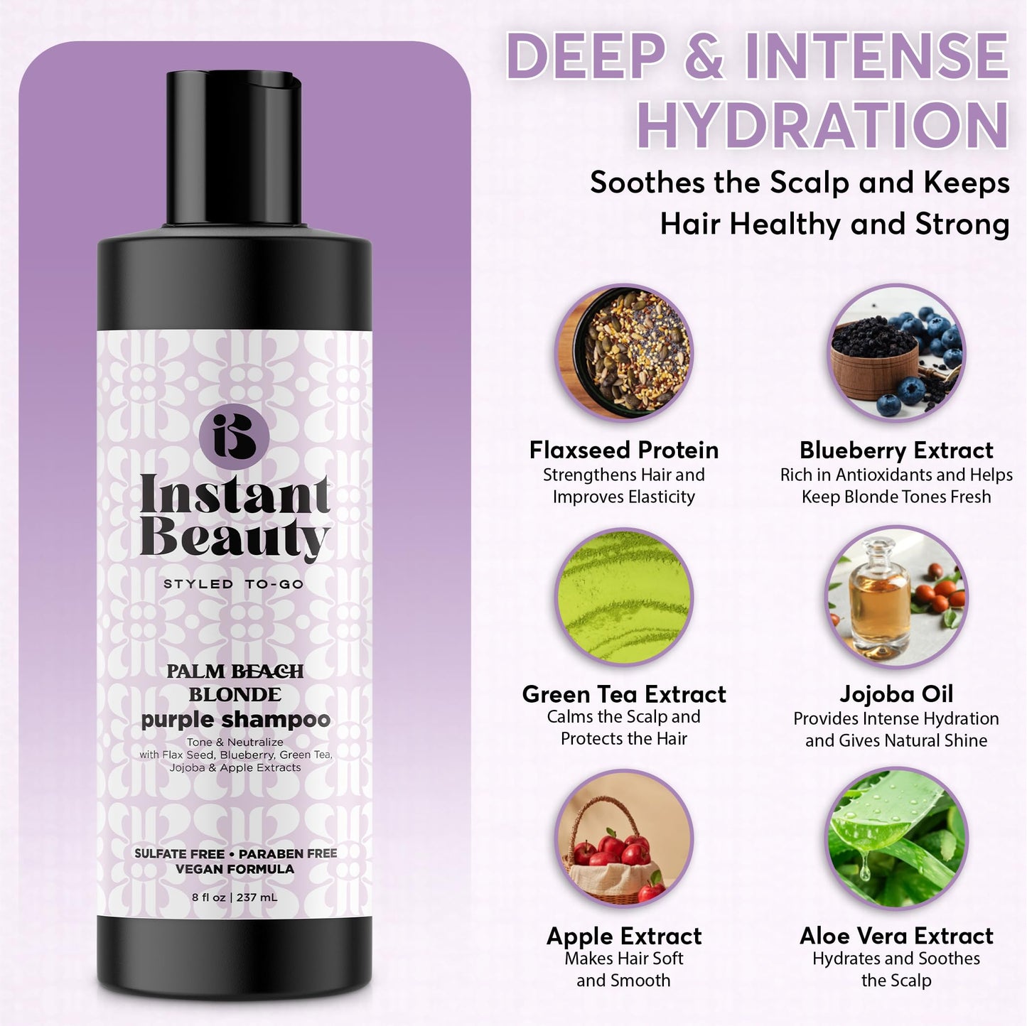 Instant Beauty, Palm Bleach Blonde Purple Shampoo, Sulfate-Free, Color Depositing for Blonde and Gray Hair