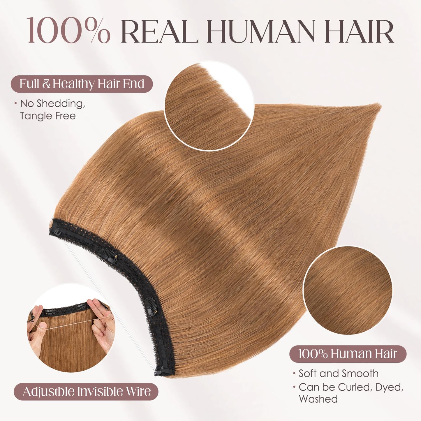 MY-LADY Halo Hair Extensions Real Human Hair for Women Light Brown Clip in Remy Hairpiece with Adjustable Invisible Wire 14 Inch 70G