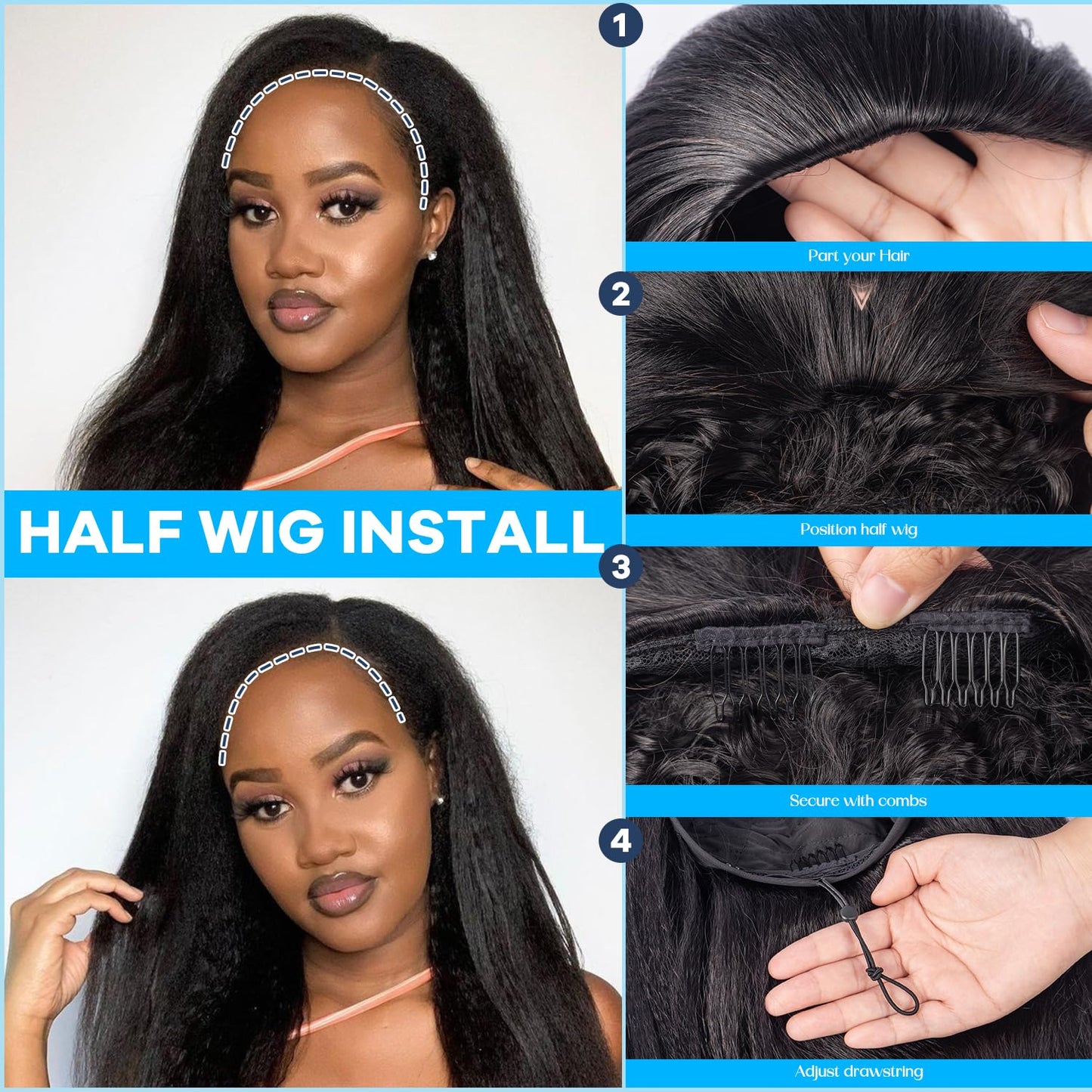 3 in 1 Half Wig Kinky Straight/Kinky curly synthetic for Women 200% Density Glueless Wear No Lace Flip Over Half Wig Seamless Clip In Wigs (20 inch KST)
