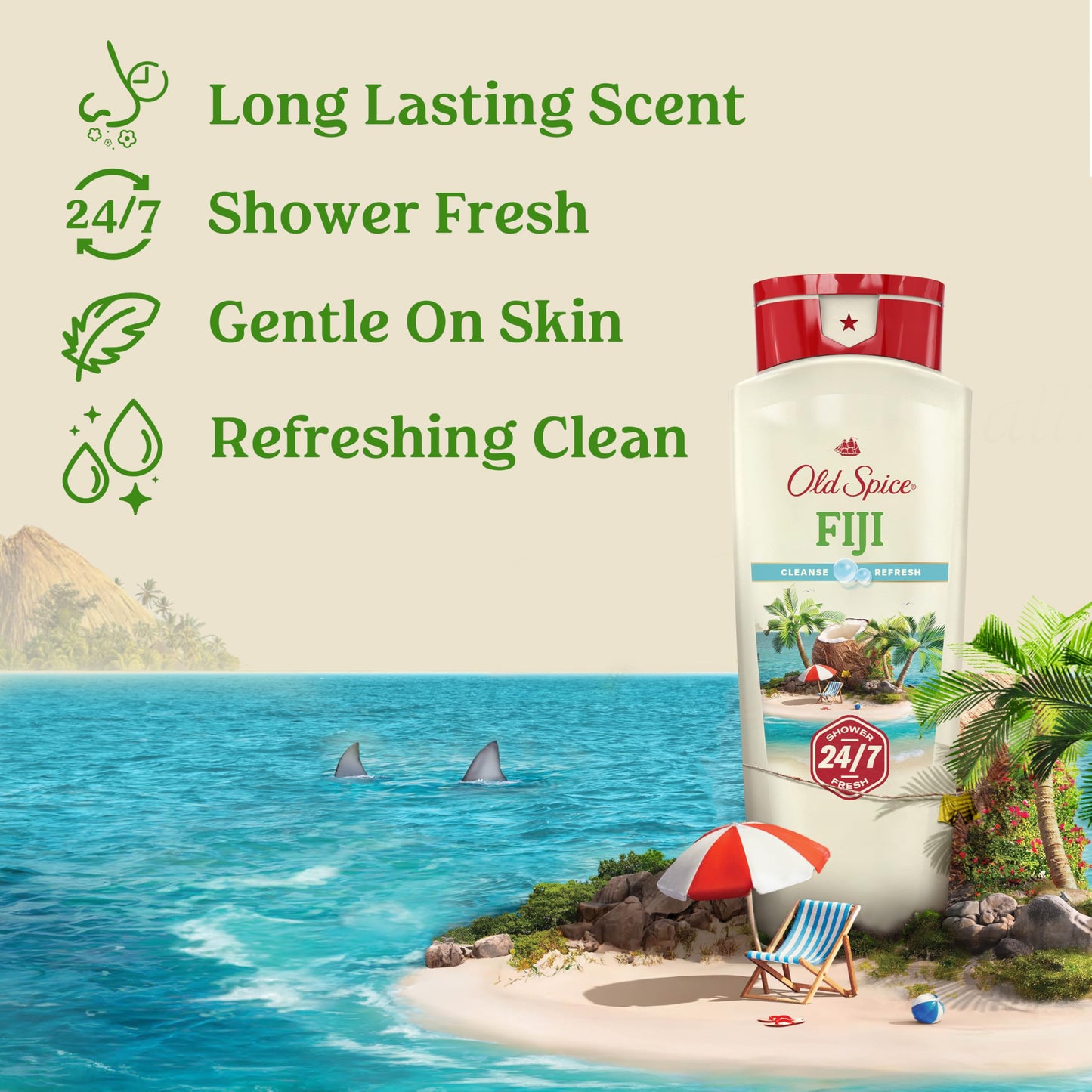 Old Spice Cleansing Body Wash for Men, 24/7 Shower Fresh with Lasting Scent, Cleanse & Refresh, Gentle on Skin, Vitamin B3, Fiji with Palm Tree + Coconut Scent, 18 oz (Pack of 4)