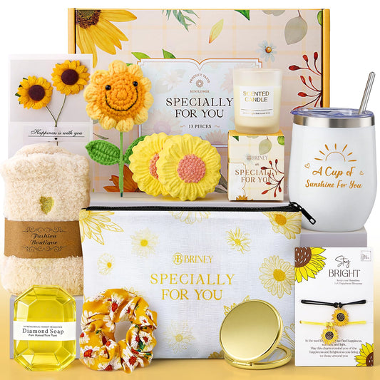 Briney Gift Baskets for Women, Mothers Day Gifts for Friends, Yellow Birthday Valentines Women Day Easter Present Sunflower Care Package Spa Basket for Girlfriend Wife Mom Sister