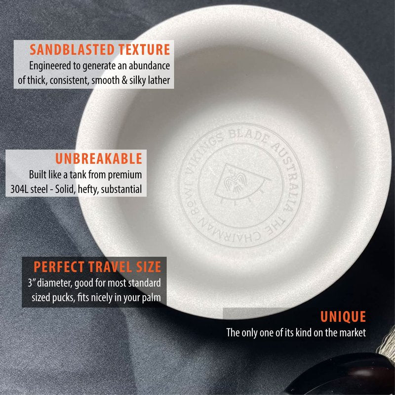 Vikings Blade Luxury Shaving Soap Bowl - Sandblasted Steel for Thick Lather | Unbreakable & Tactile Texture, 3" Diameter