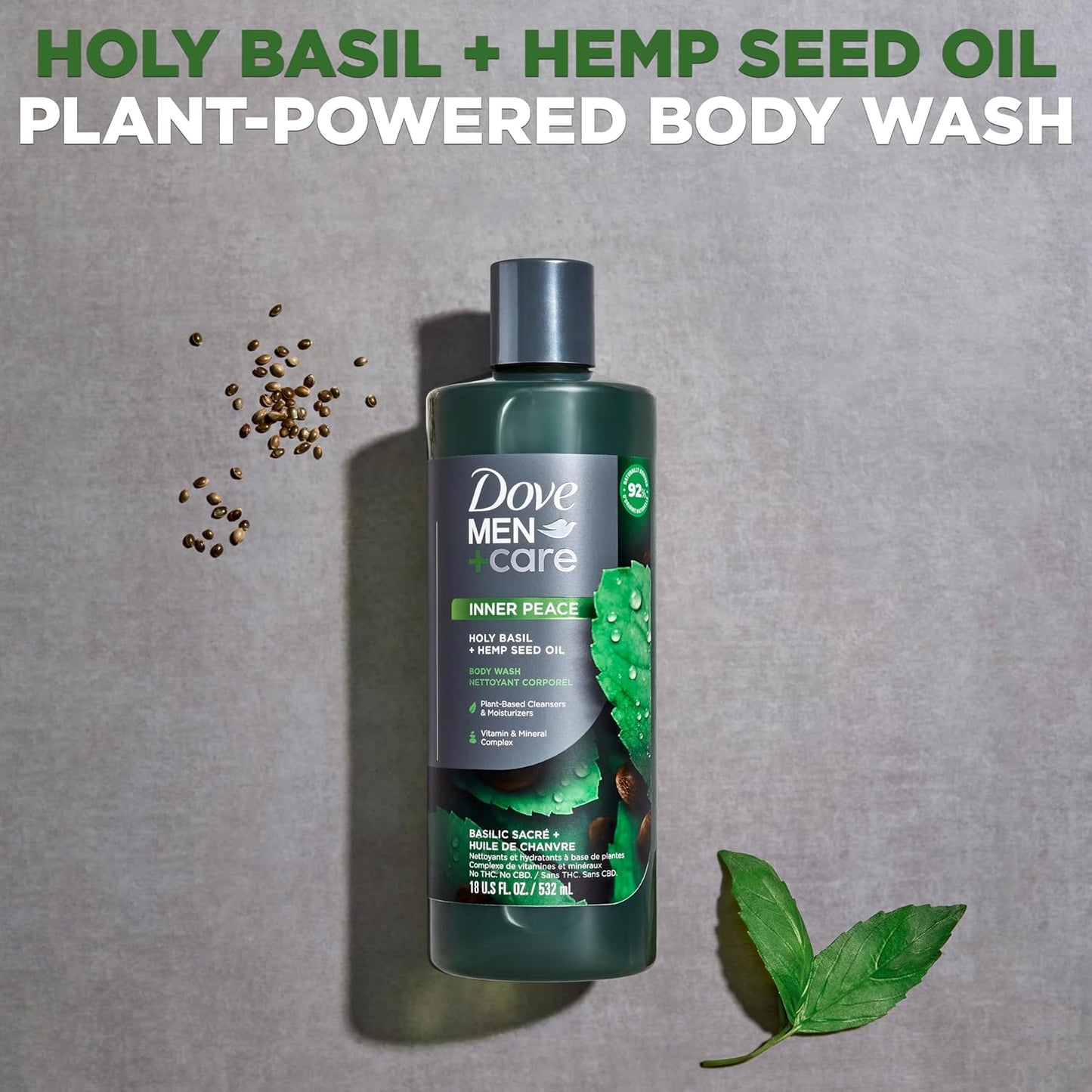 Dove Men+Care Body Wash - Holy Basil & Hemp Seed Oil | Rebuild Skin, 18 oz (4 Count)