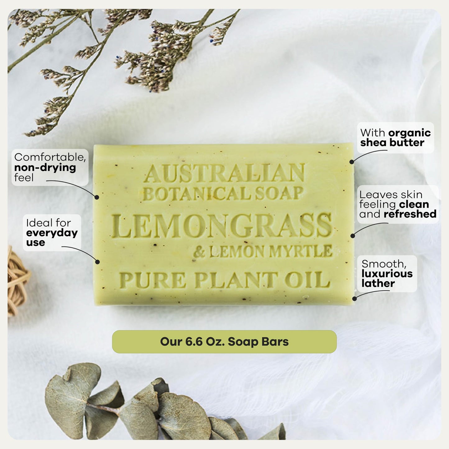 Australian Botanical Soap, 6.6 OZ, Lemongrass and Lemon Myrtle, Triple Milled Bars made with a Natural Soap Base and Enriched with Organic Shea Butter, Pack of 8