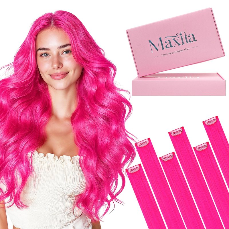 MAXITA Clip in Hair Extensions Real Human Hair,Remy Hair Extensions Clip ins Double Weft for Women,Natural Real Human Hair,18Inch 35g 6Pcs,HotPink
