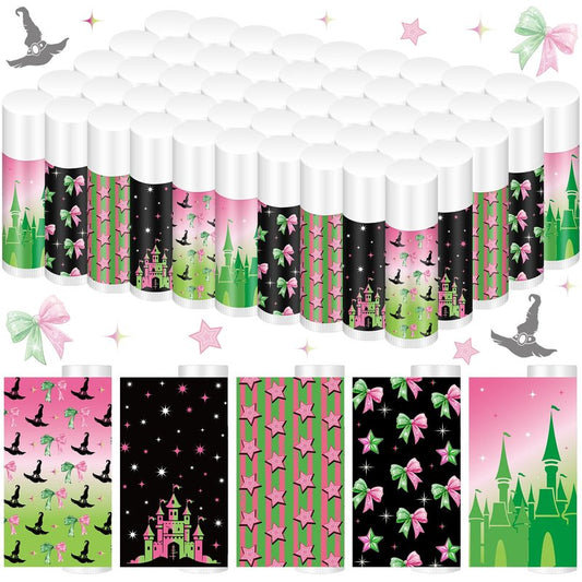 Qunclay 50 Pcs Witch Lip Balm Christmas Party Favors Pink and Green Princess Gifts Bulk Moisturizing Lip Care for Women Movie Fans Makeup Gifts Party Supplies Christmas Stocking Stuffers