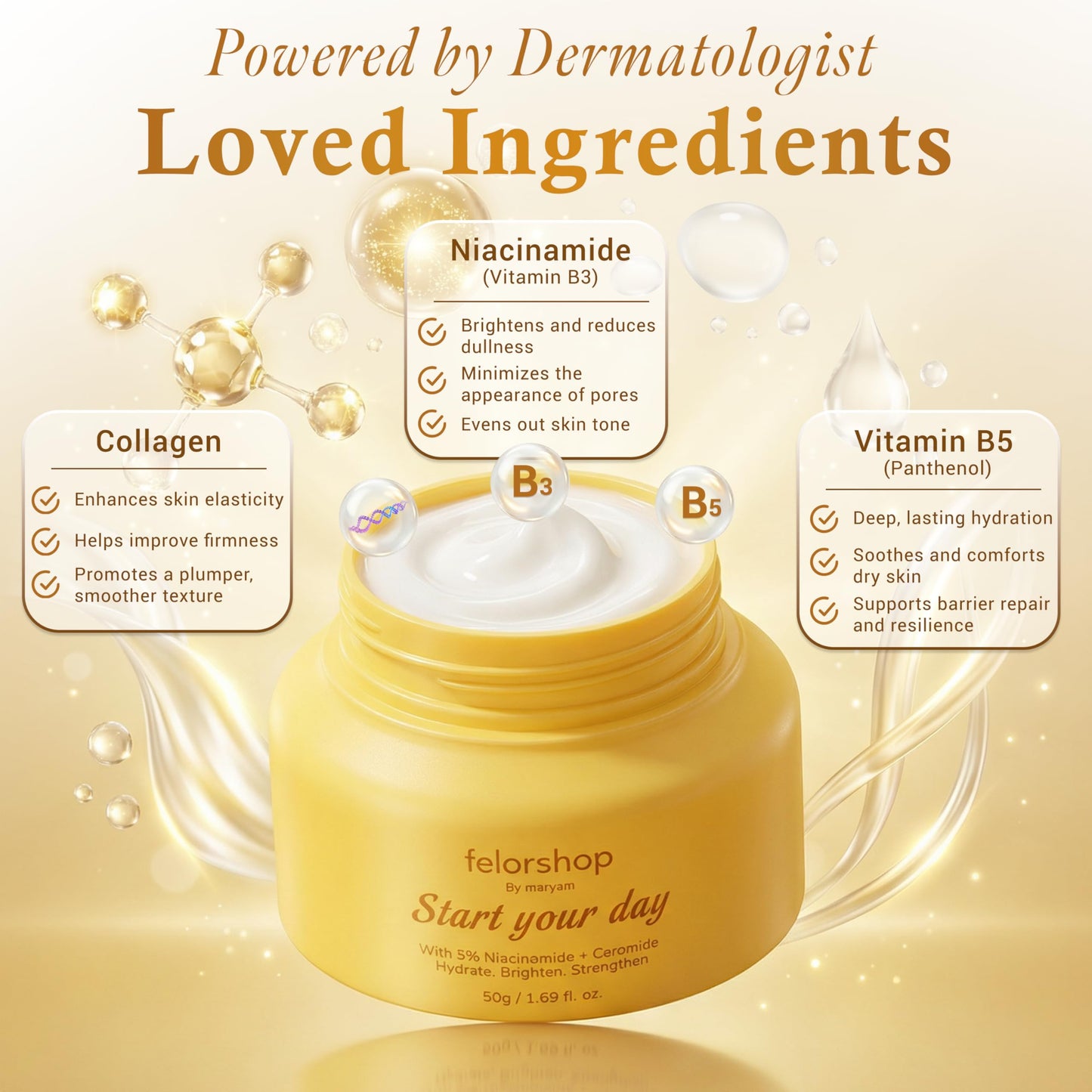 FelorShop Niacinamide Face Cream with 5% Niacinamide & Ceramides, Brightening Face Moisturizer for Dull Skin, Lightweight Daily Moisturizer, Glass Skin Glow Formula, 1.69 fl oz