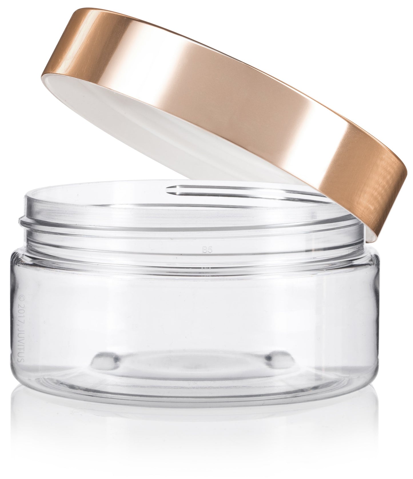 (6 Pack) 8 oz Clear Plastic Low Profile Wide Mouth Jar with Gold Metal Overshell Lid Refillable Empty Storage Containers