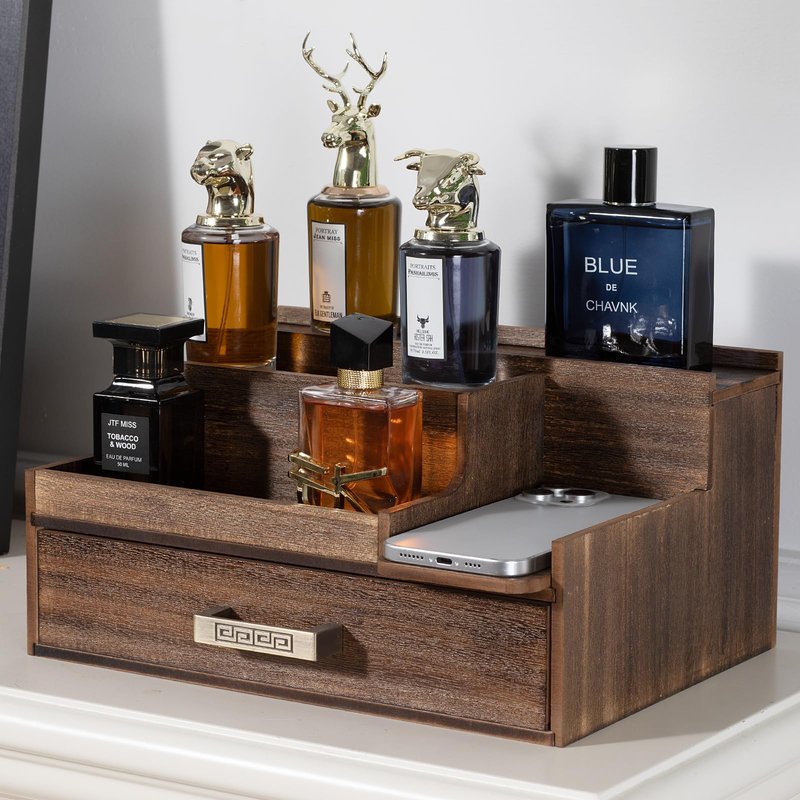 Wishtofly Cologne Organizer for Men, 3 Tier Perfume Display Stand with Drawer and Hidden Compartments, Stylish Wooden Mens Cologne Holder for Dresser Storage, Great Gift for Men/Fathers, Deep Brown