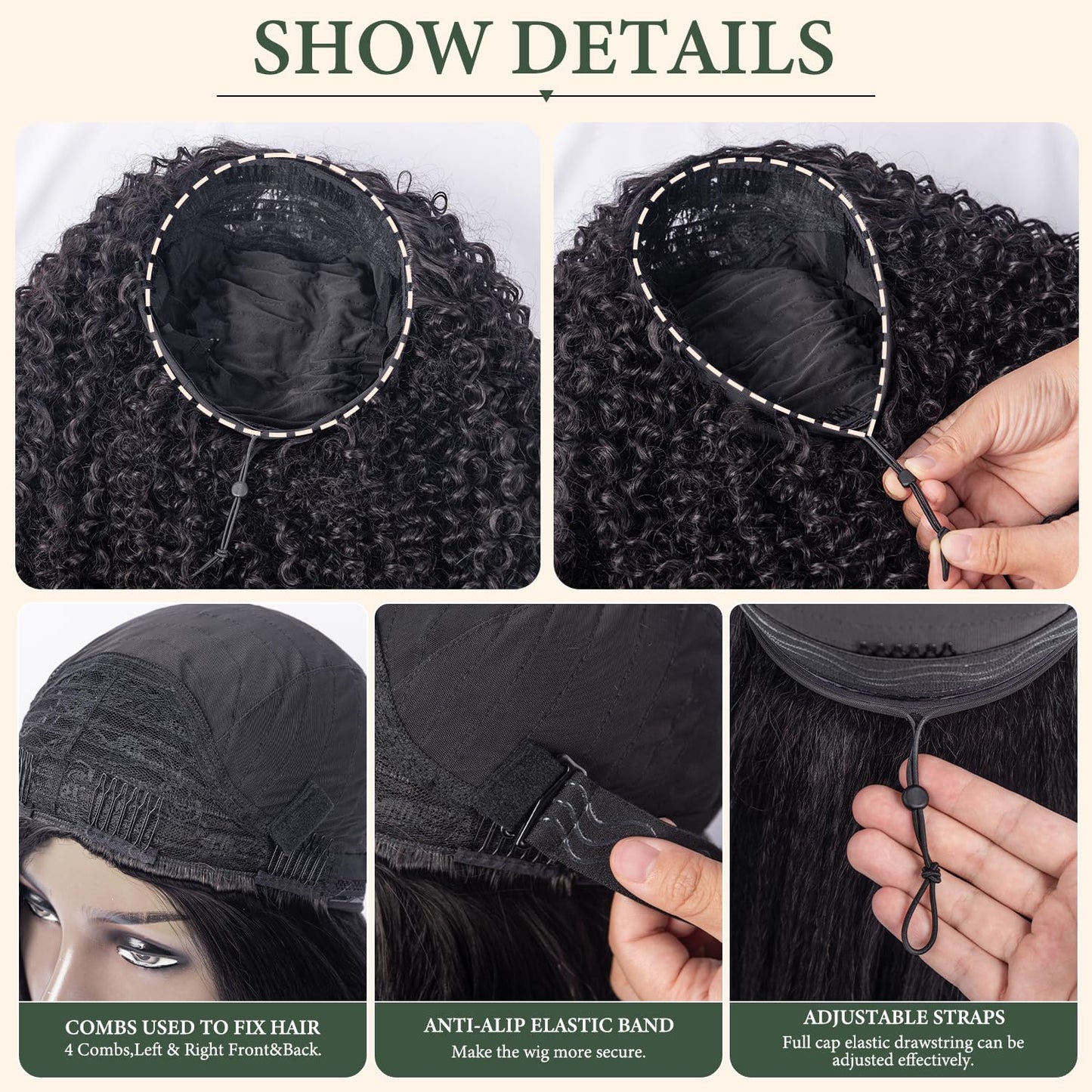 Prosa Kinky Curly Half Wig, 3-in-1 Synthetic Hair with Drawstring Headband, Clip-in Glueless Seamless Flip Over Design, Color 1B, for Women (20inch)