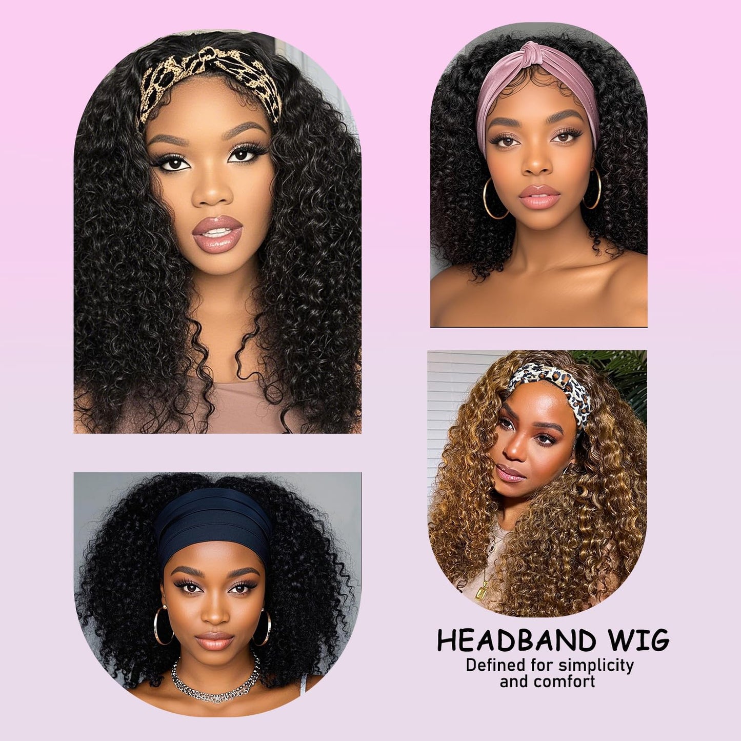 CUUYUN Kinky Curly Headband Wig Human Hair Curly Headband Wigs for Black Women 14 Inch None Lace Front Wigs Machine Made Wigs Glueless Brazilian Curly Human Hair Wig