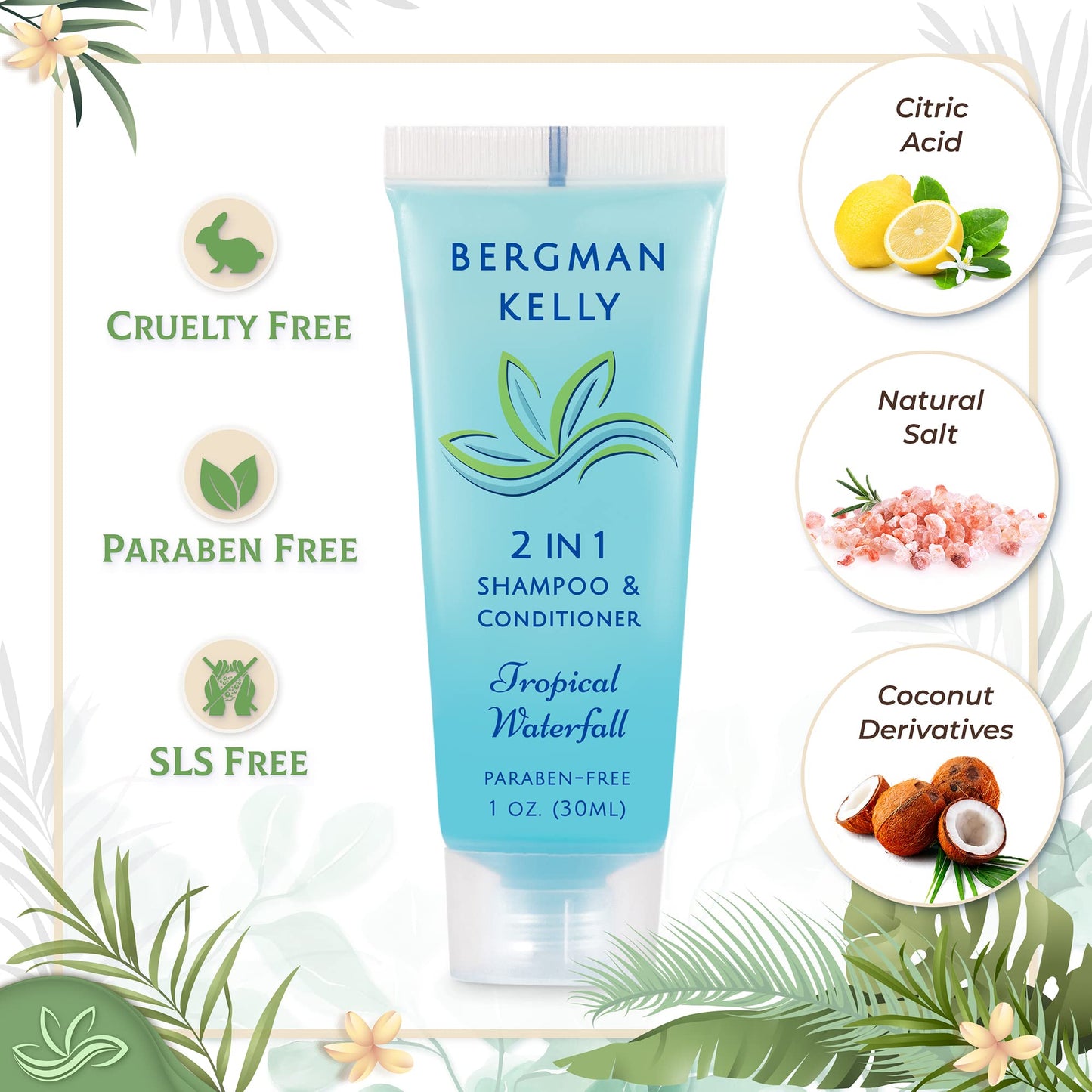 BERGMAN KELLY Round Soap Bars, 2in1 Shampoo & Conditioner 2-Piece Set (Tropical Waterfall, 1 oz each, 100 pc), Delight Your Guests with Revitalizing & Refreshing Hotel Amenities & Bulk Toiletries