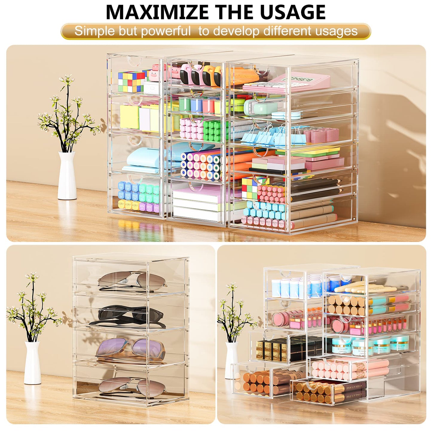 Acrylic 3 Pack Desk Organizers and Accessories, Makeup Organizer Storage With 15 Drawers, Desk Organizers, Dustproof Drawer Organizer and Storage for Make Up, Jewelry, DIY Pen