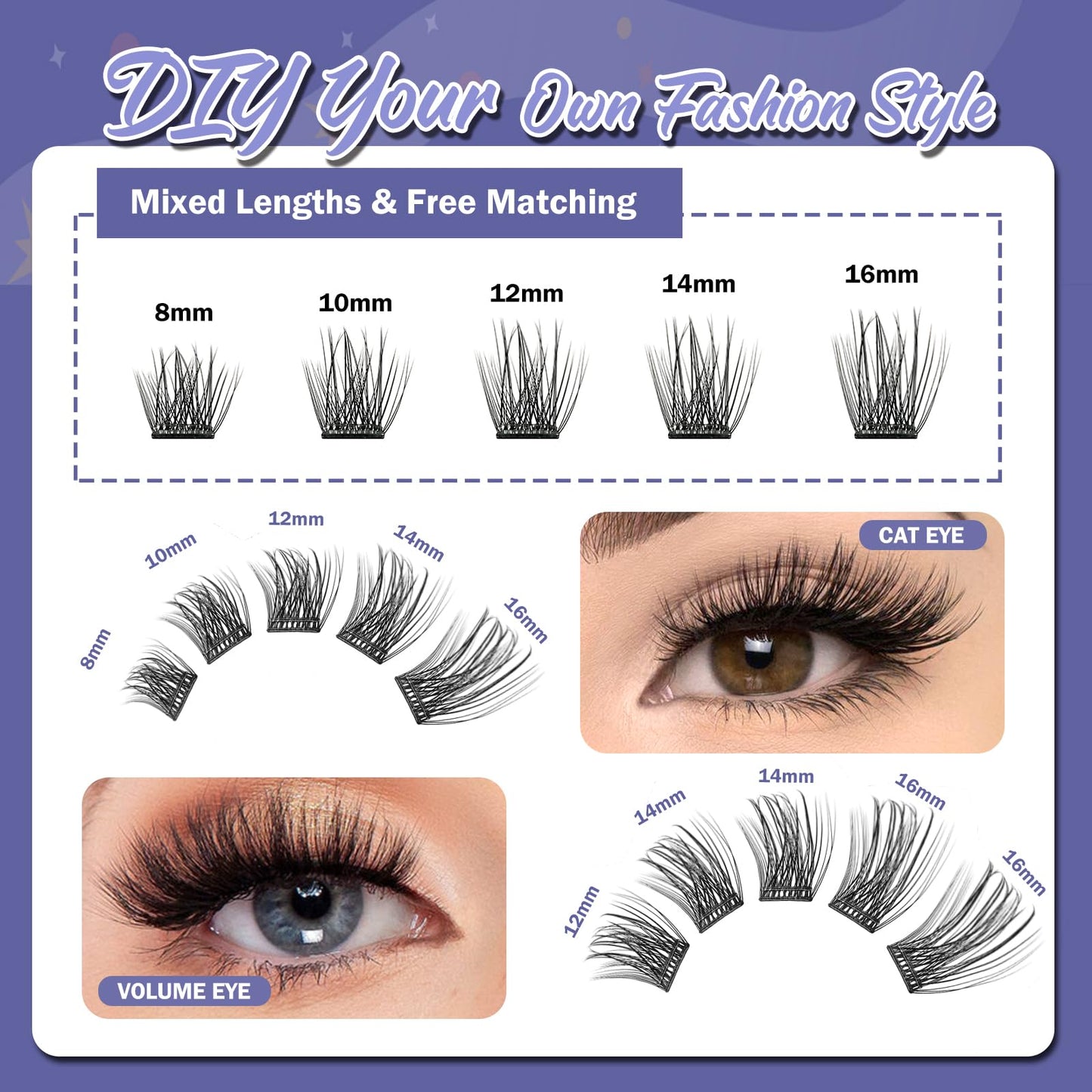 FLOMAZE Self Adhesive Eyelashes, 156 PCS Self Adhesive Eyelash Clusters, No Glue Needed, Dual-row Glue Strips 8-16mm Mixed Individual Lash Extension Super Sticky Reusable False Lashes